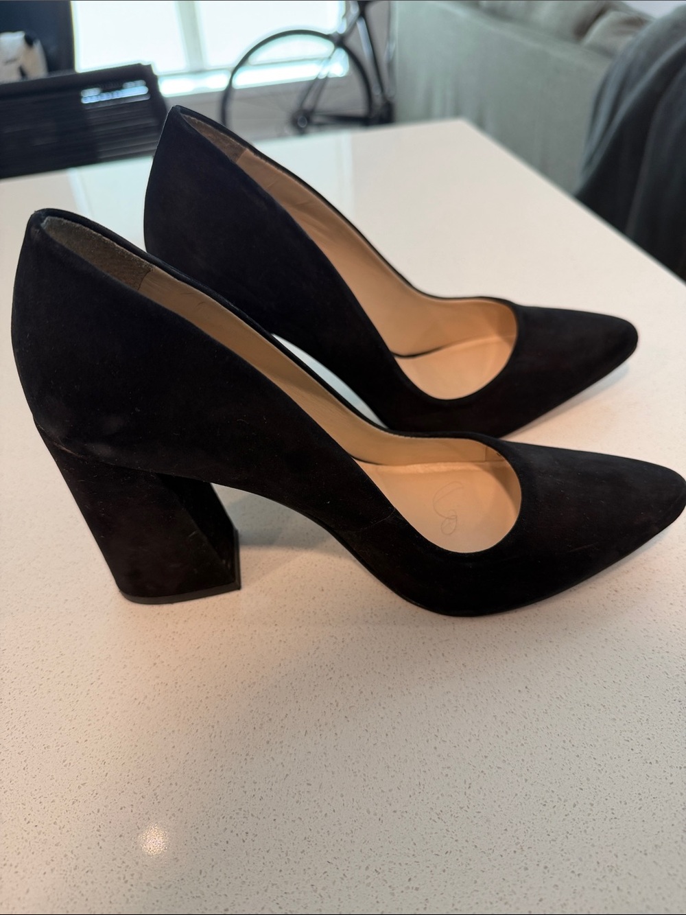 Vince Camuto Black Suede Pointed Toe Block Heel Pumps